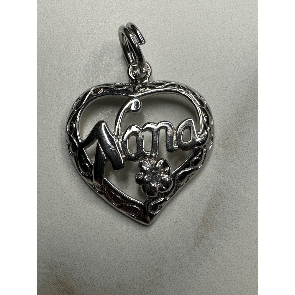 Sterling Silver 925 Nana Heart Pendant Charm with Cubic Zirconia Flower Accent